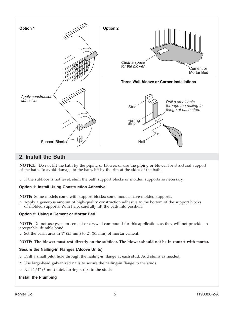 Install the bath | Kohler 120V Bath with Airjets 1198326-2-A User Manual | Page 5 / 44