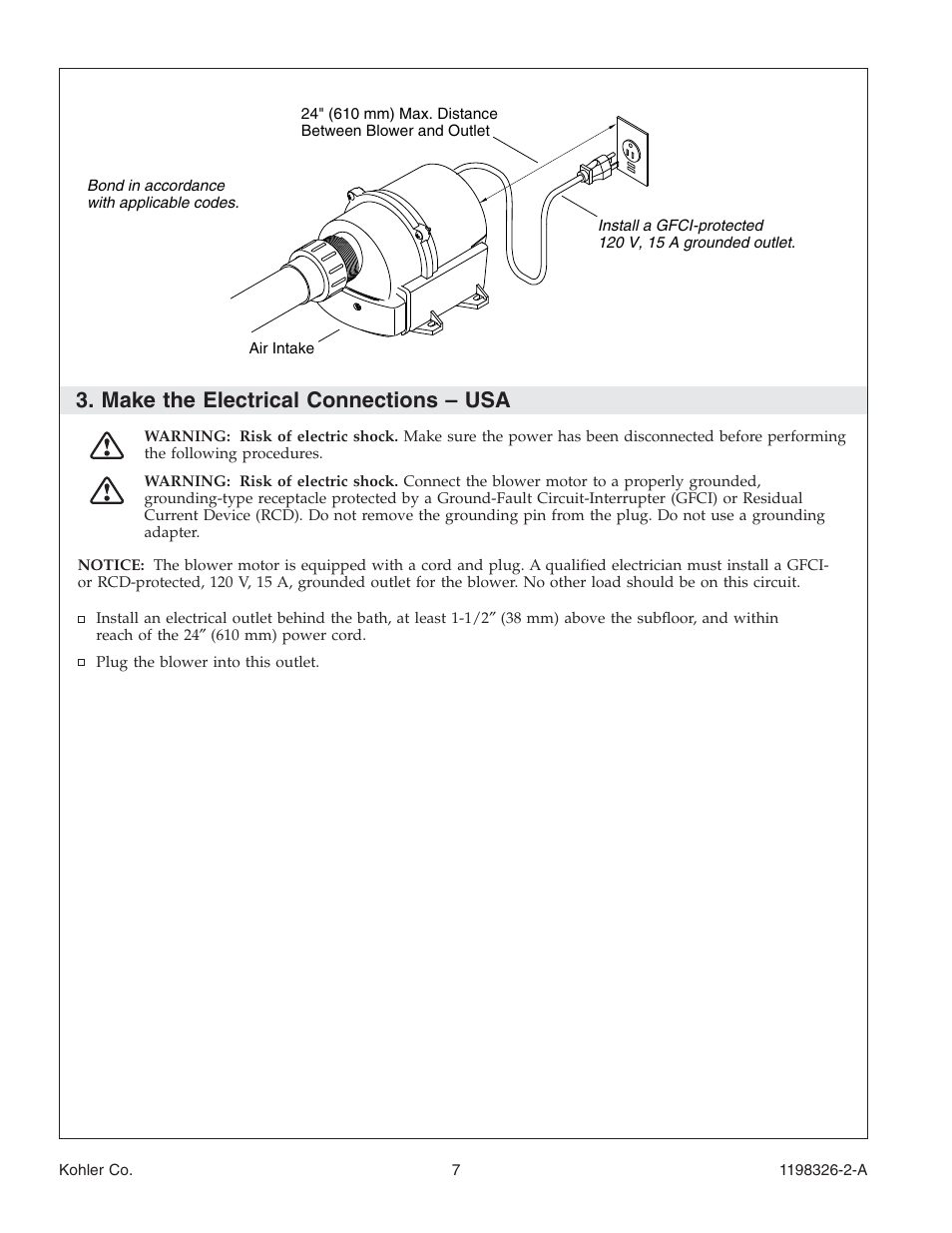Make the electrical connections – usa | Kohler 120V Bath with Airjets 1198326-2-A User Manual | Page 7 / 44