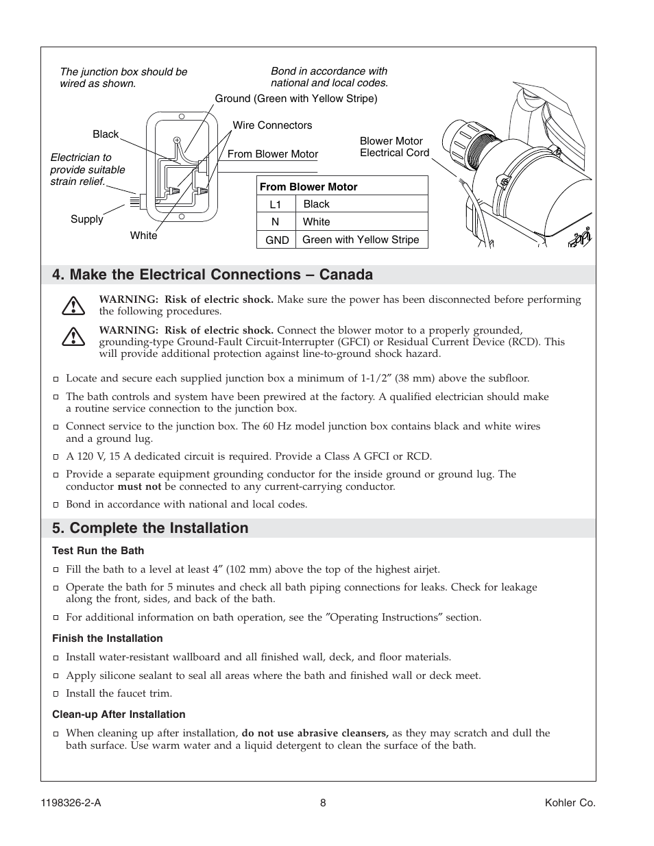 Make the electrical connections – canada, Complete the installation | Kohler 120V Bath with Airjets 1198326-2-A User Manual | Page 8 / 44