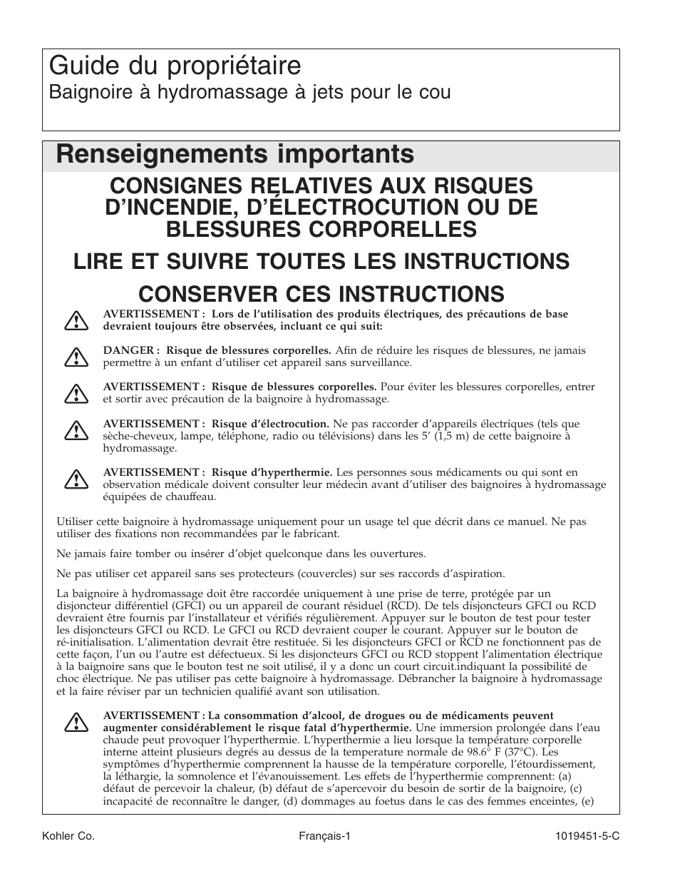 Guide du propriétaire, Renseignements importants, Baignoire à hydromassage à jets pour le cou | Kohler Bath Whirlpool with Neckjets K-865 User Manual | Page 19 / 56