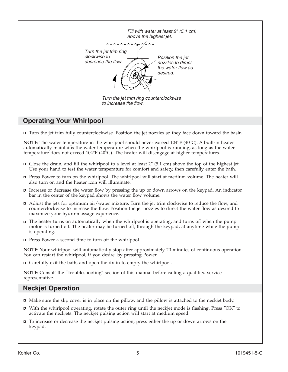 Operating your whirlpool, Neckjet operation | Kohler Bath Whirlpool with Neckjets K-865 User Manual | Page 5 / 56