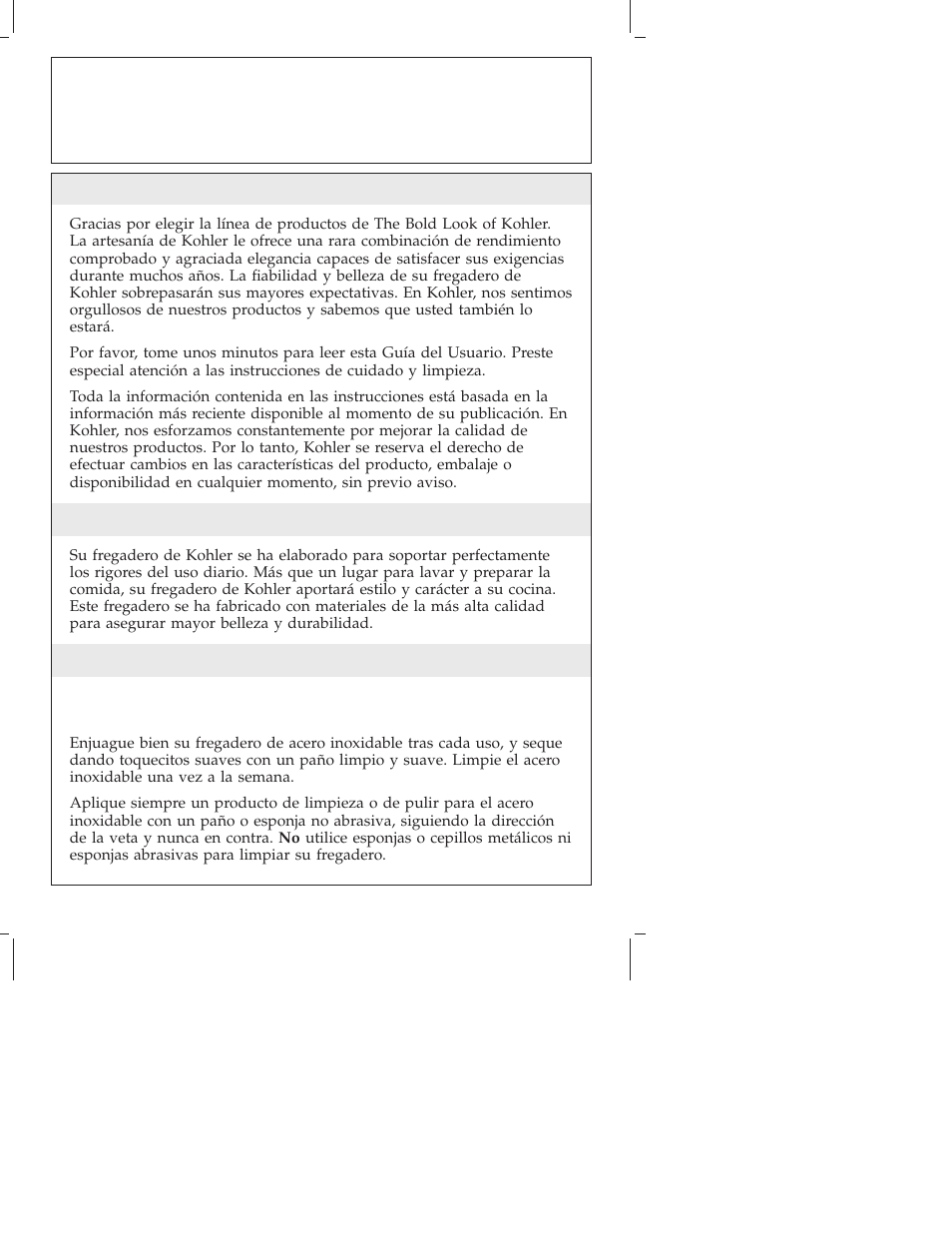 Guía del usuario, Fregaderos de cocina de acero inoxidable | Kohler Stainless Steel Kitchen Sinks K-3171 User Manual | Page 9 / 16