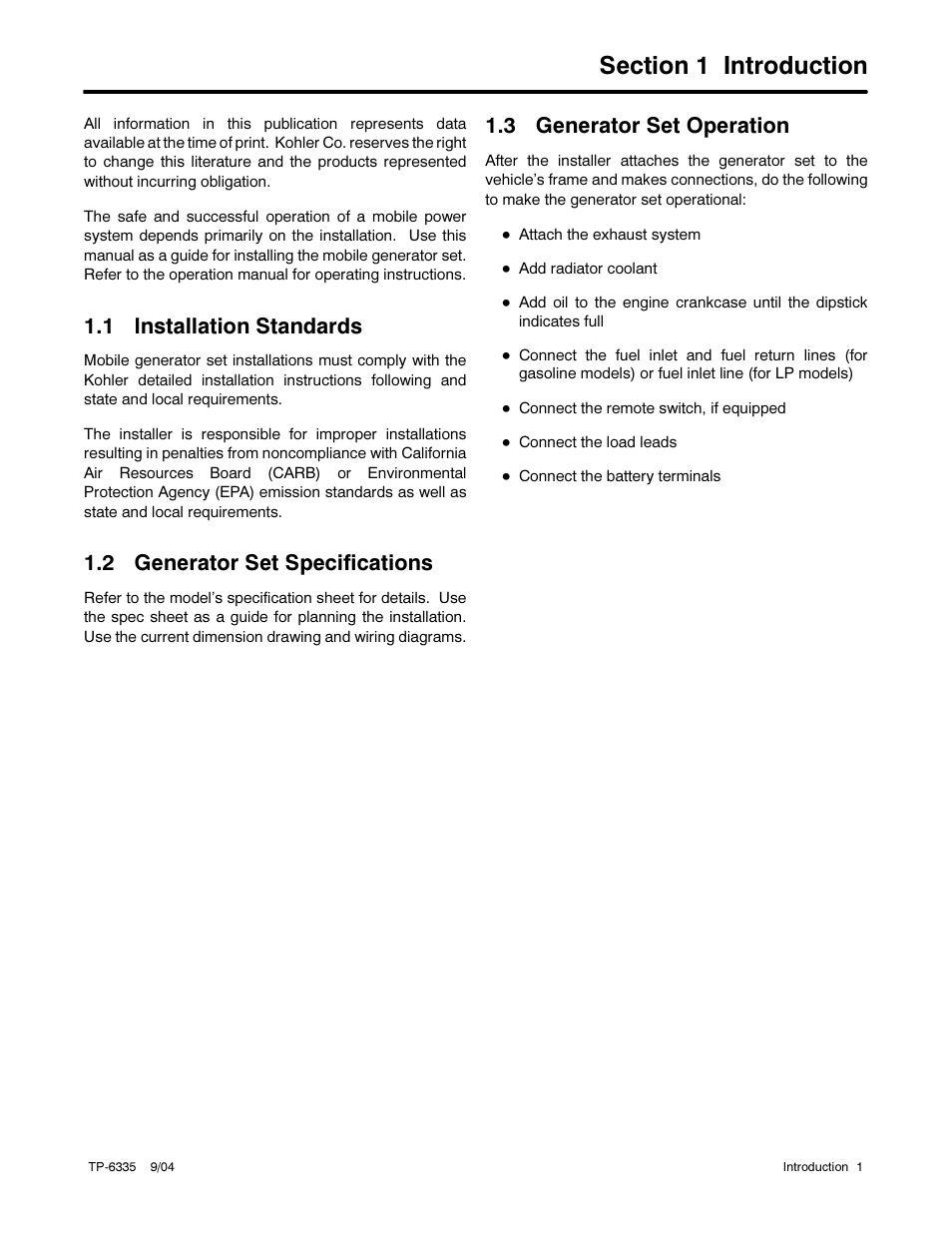 1 installation standards, 2 generator set specifications, 3 generator set operation | Kohler 13ERG User Manual | Page 11 / 52