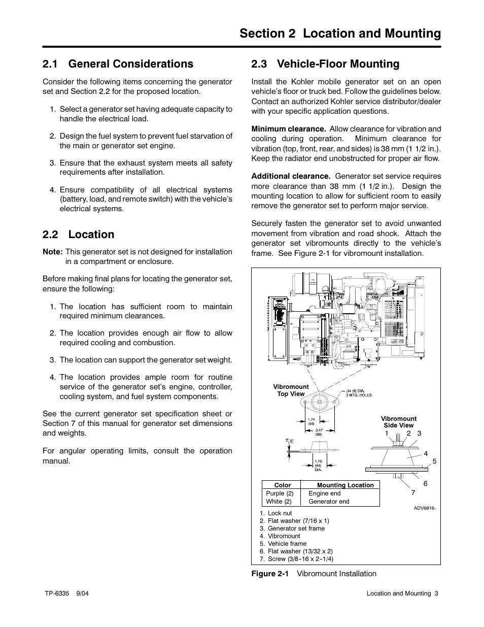 1 general considerations, 2 location, 3 vehicle-floor mounting | Kohler 13ERG User Manual | Page 13 / 52