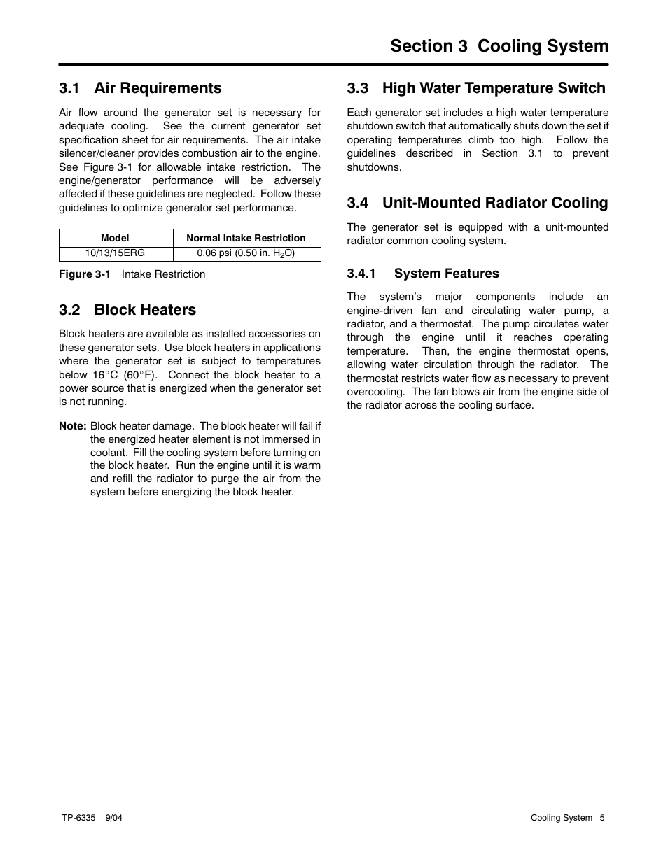 1 air requirements, 2 block heaters, 3 high water temperature switch | 4 unit-mounted radiator cooling | Kohler 13ERG User Manual | Page 15 / 52