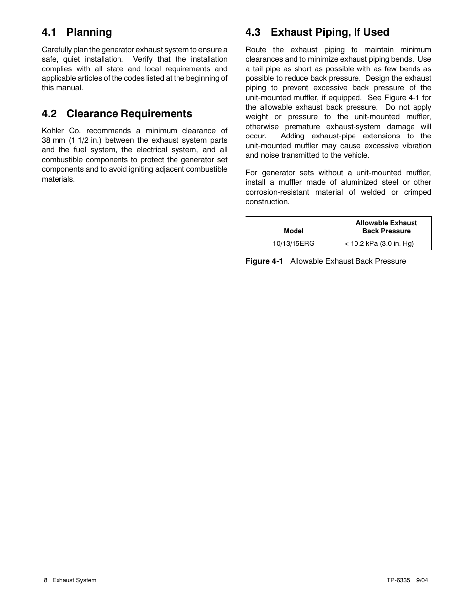 1 planning, 2 clearance requirements, 3 exhaust piping, if used | Kohler 13ERG User Manual | Page 18 / 52