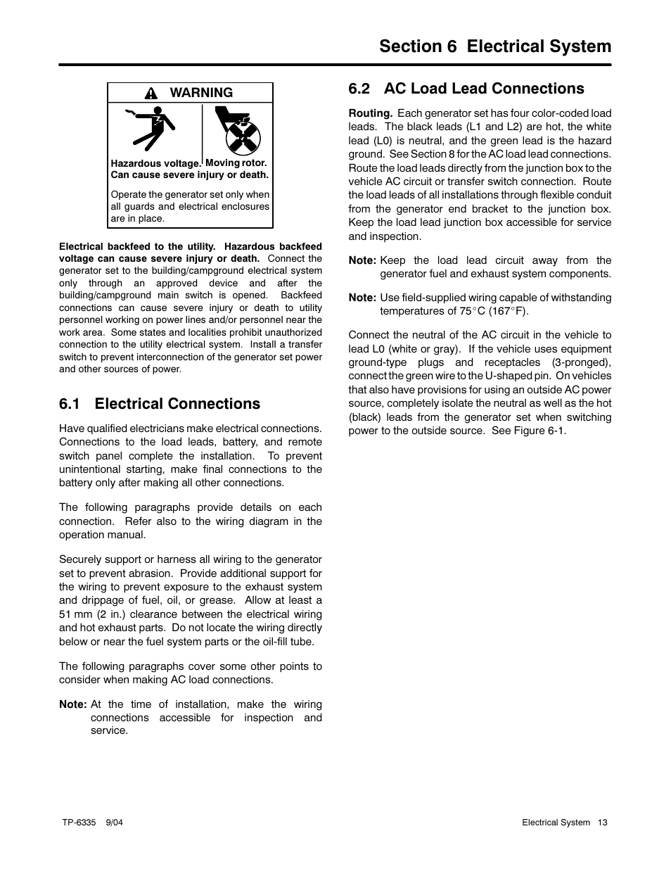 1 electrical connections, 2 ac load lead connections | Kohler 13ERG User Manual | Page 23 / 52