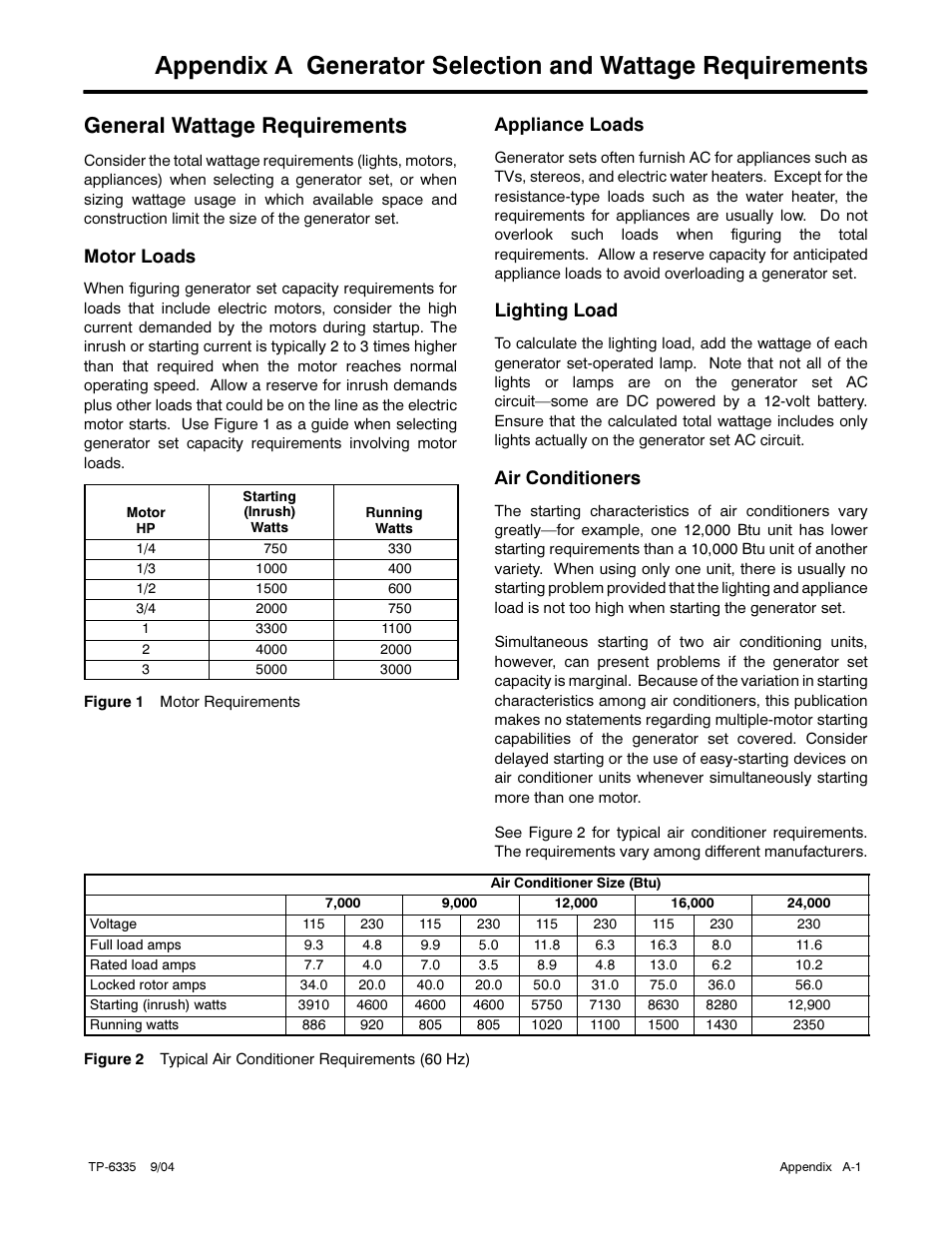 General wattage requirements, Motor loads, Appliance loads | Lighting load, Air conditioners | Kohler 13ERG User Manual | Page 47 / 52