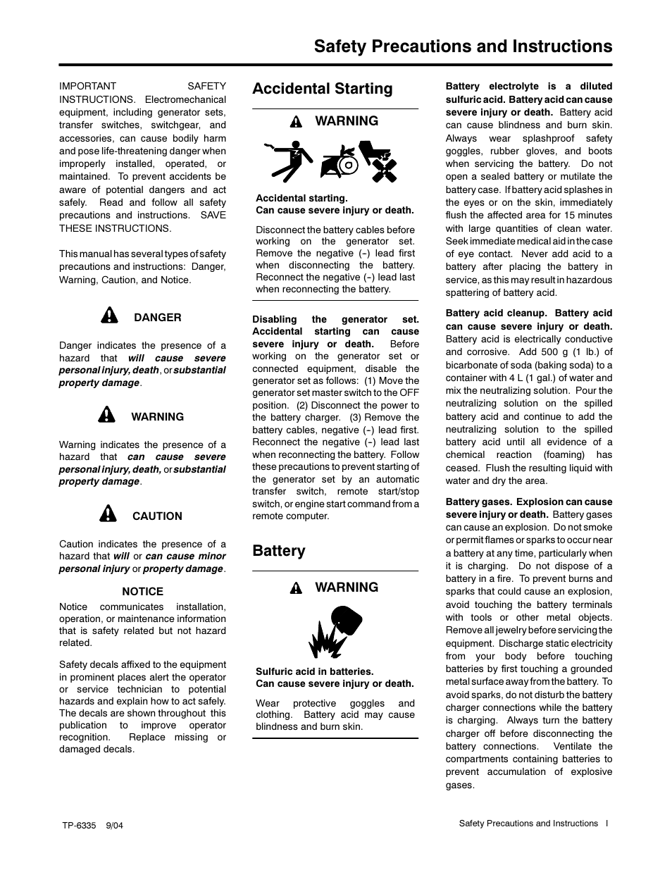 Safety precautions and instructions, Accidental starting, Battery | Warning | Kohler 13ERG User Manual | Page 5 / 52