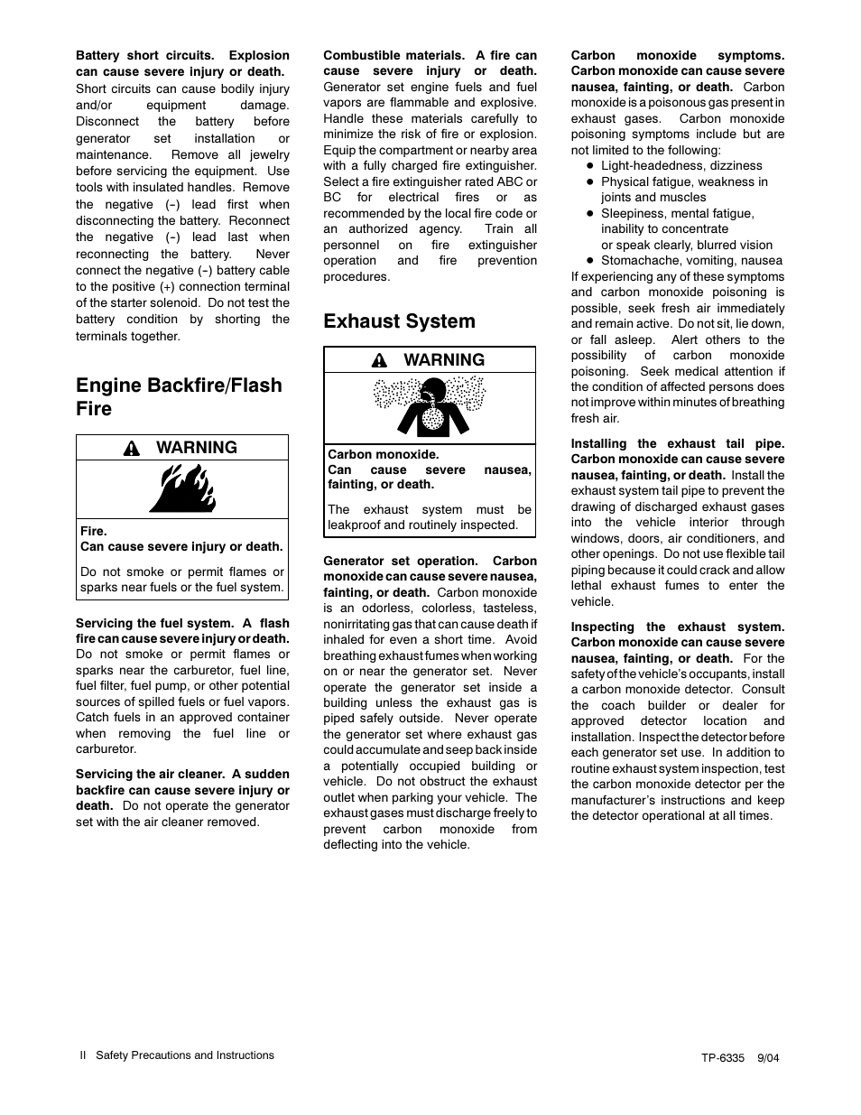 Engine backfire/flash fire, Exhaust system, Warning | Kohler 13ERG User Manual | Page 6 / 52