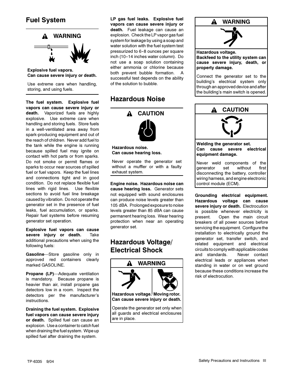 Fuel system, Hazardous noise, Hazardous voltage/ electrical shock | Warning, Caution | Kohler 13ERG User Manual | Page 7 / 52