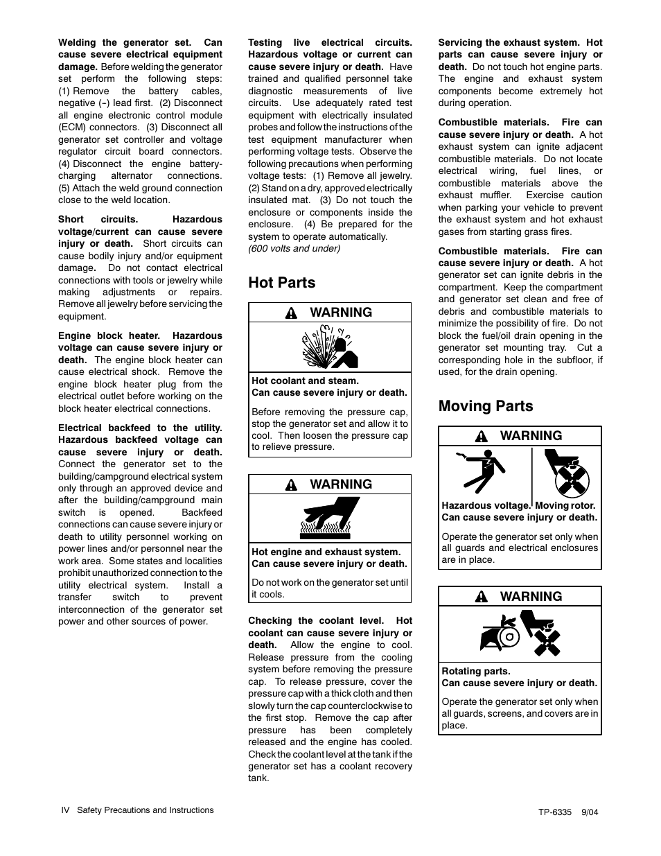 Hot parts, Moving parts, Warning | Kohler 13ERG User Manual | Page 8 / 52