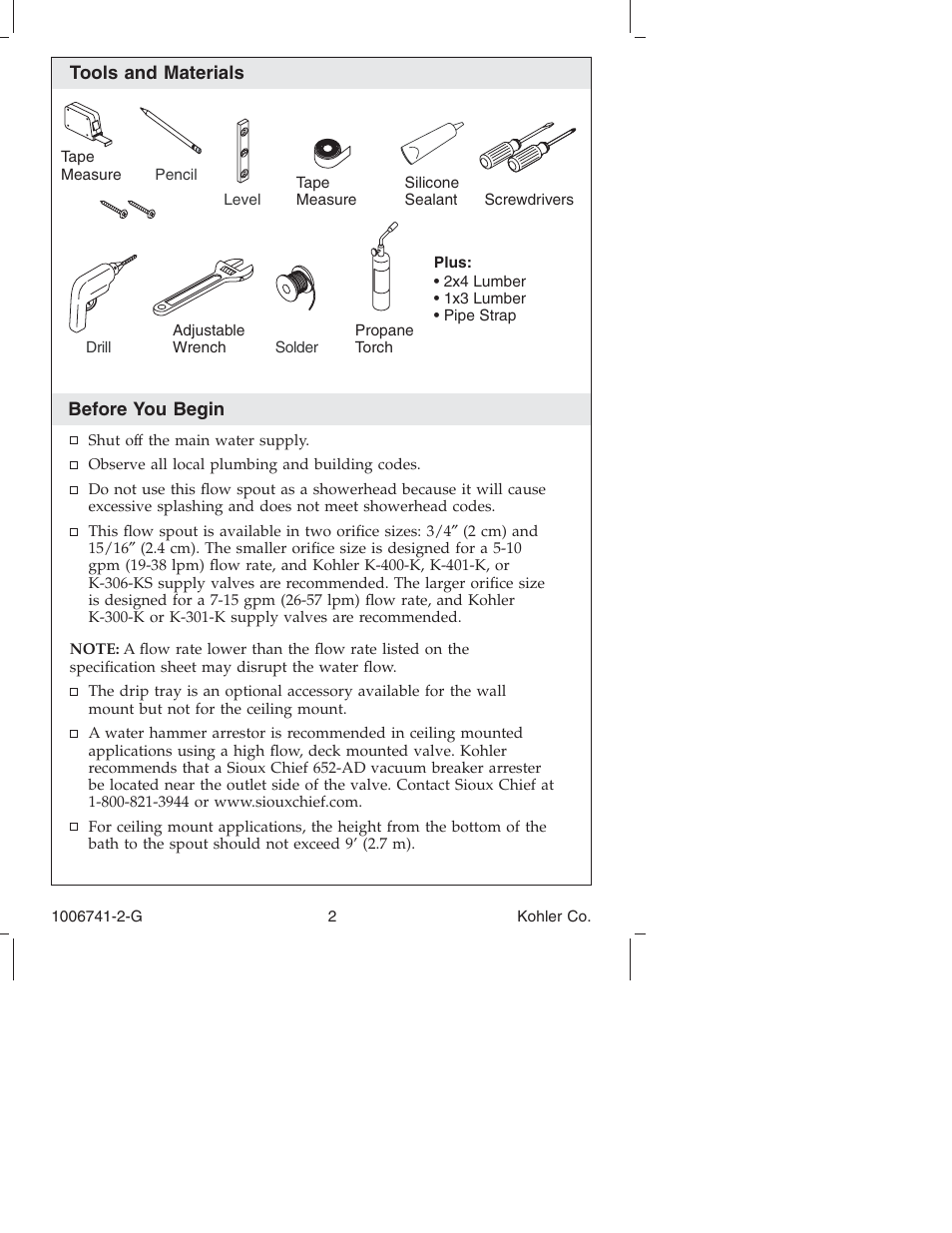 Kohler Wall/Ceiling Mount Faucet K-922/K-923 User Manual | Page 2 / 36