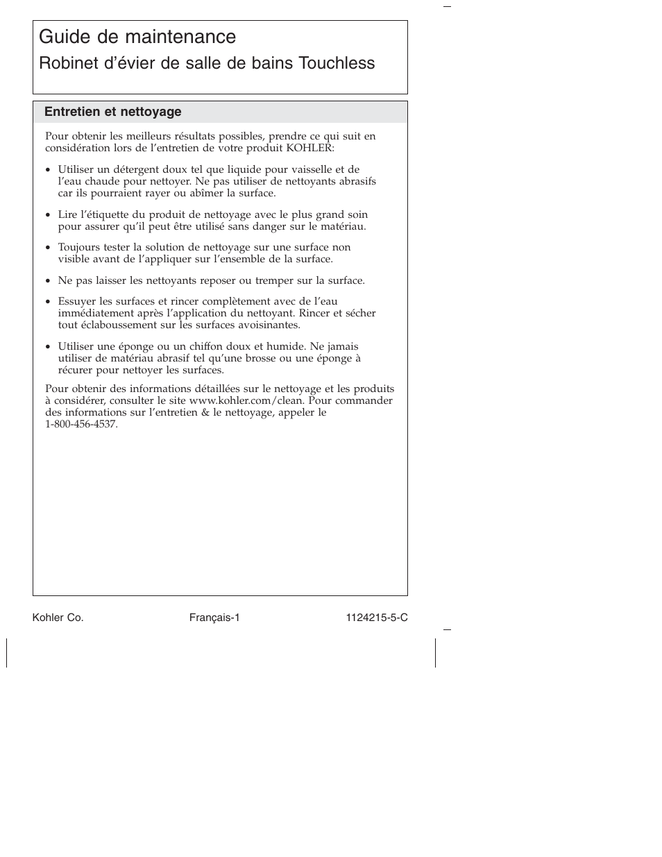 Guide de maintenance, Robinet d’évier de salle de bains touchless | Kohler Touchless bathroom Sink Faucet K-13469 User Manual | Page 14 / 36