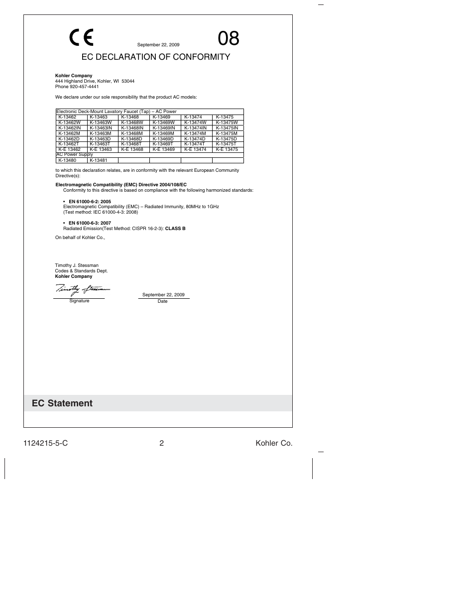 Ec statement, Ec declaration of conformity | Kohler Touchless bathroom Sink Faucet K-13469 User Manual | Page 2 / 36