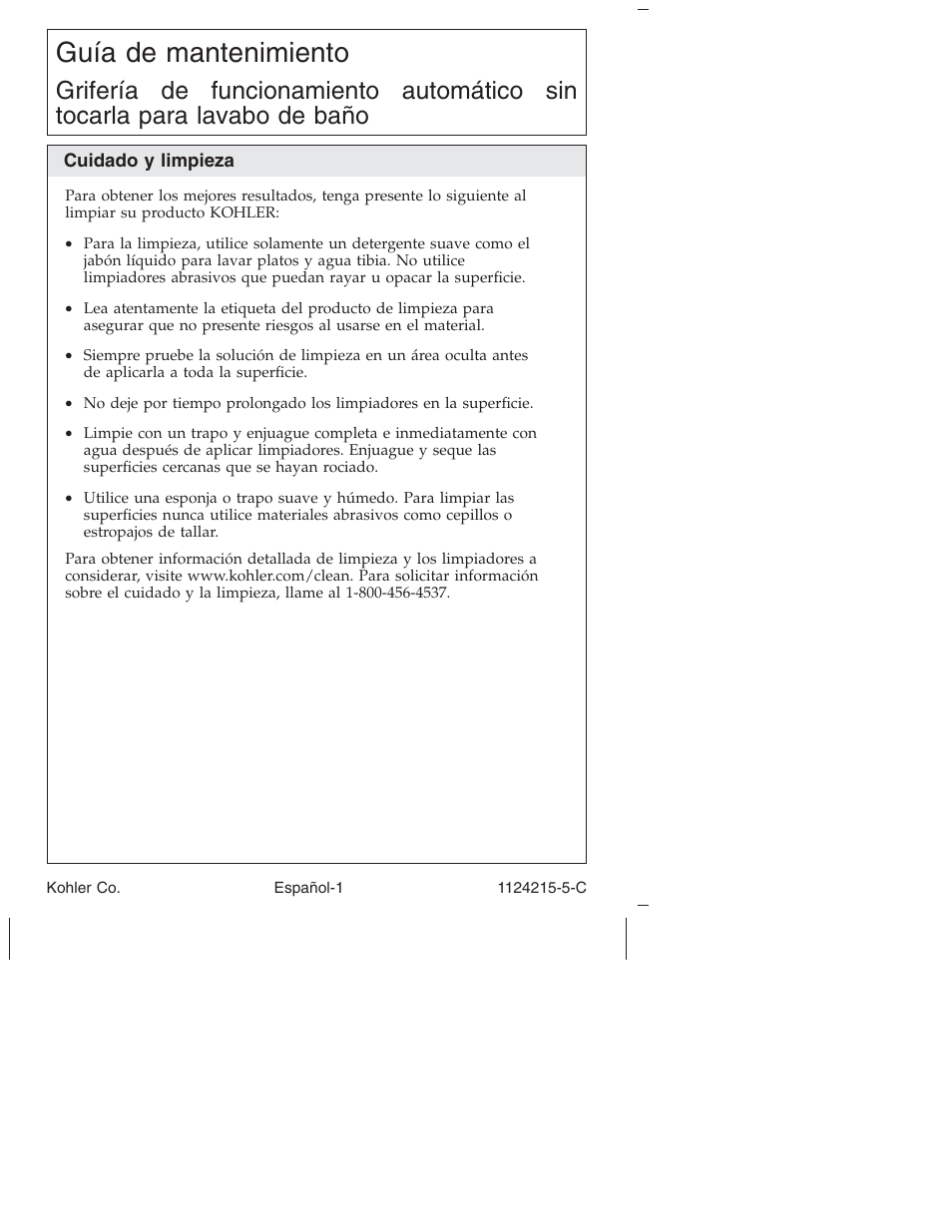 Guía de mantenimiento | Kohler Touchless bathroom Sink Faucet K-13469 User Manual | Page 25 / 36