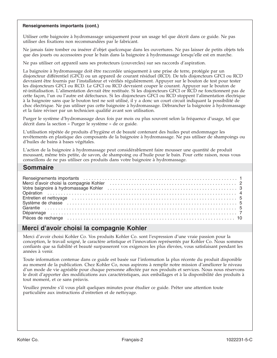 Sommaire, Merci d’avoir choisi la compagnie kohler | Kohler K-1461 User Manual | Page 15 / 40