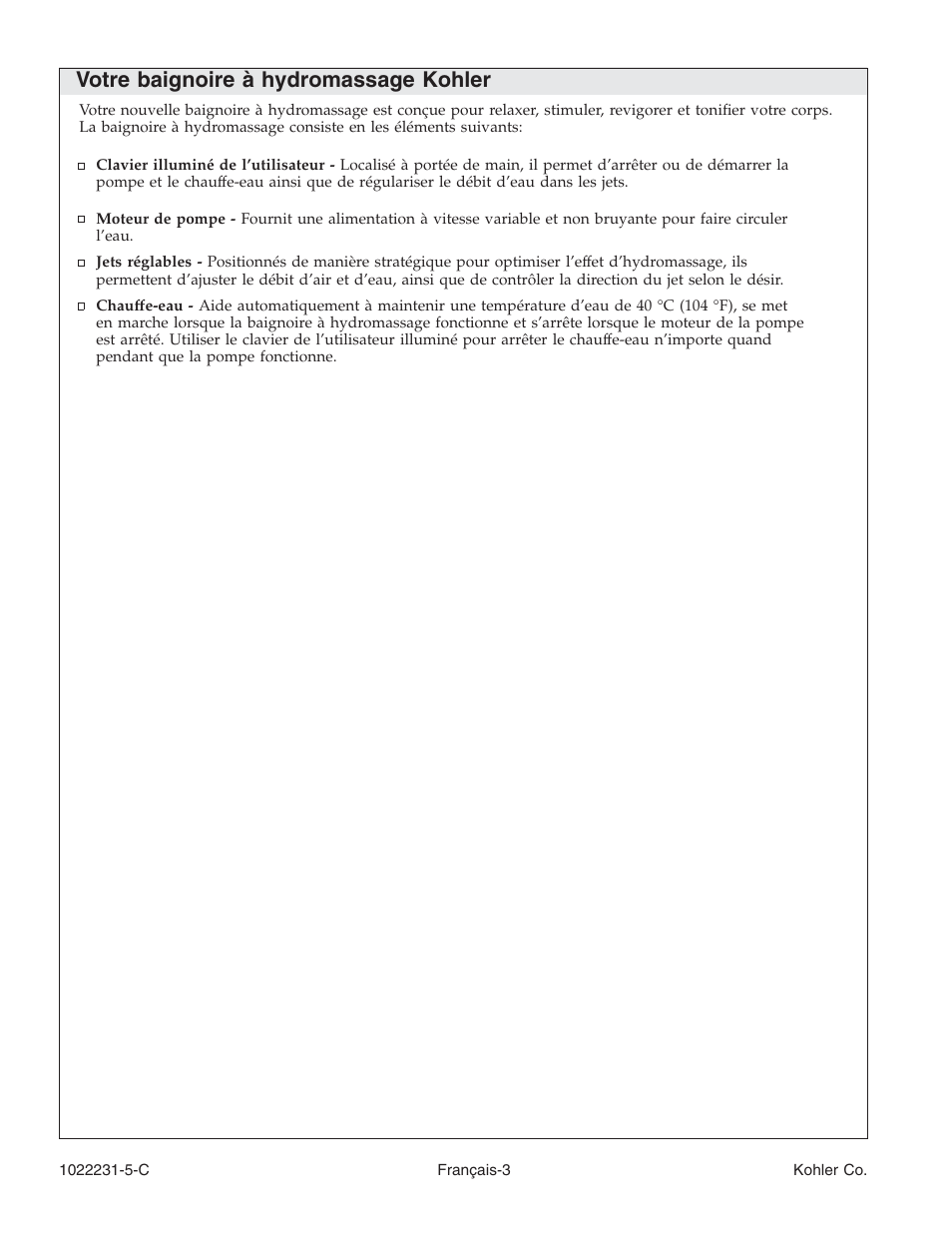 Votre baignoire à hydromassage kohler | Kohler K-1461 User Manual | Page 16 / 40