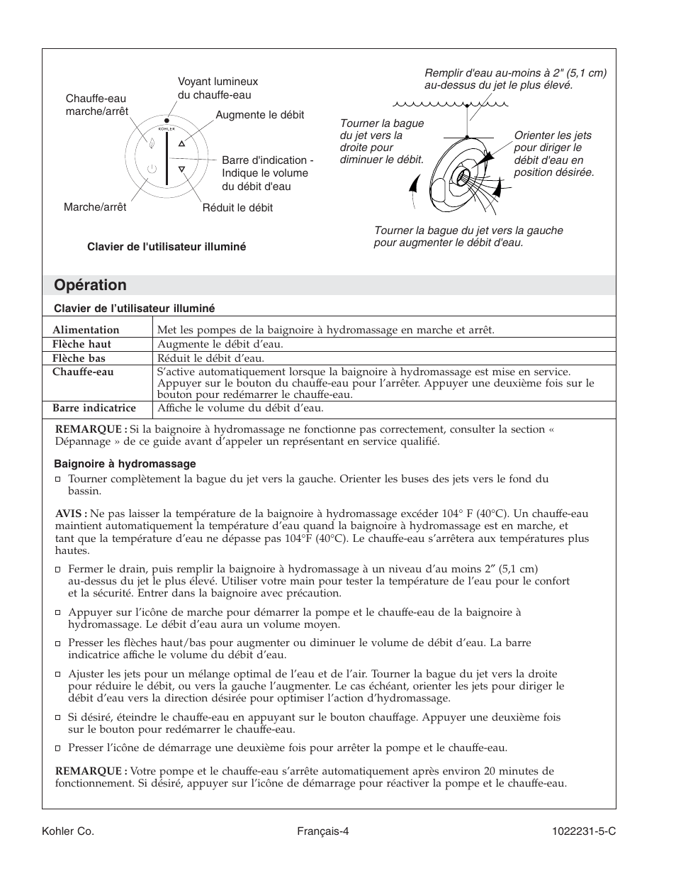 Opération | Kohler K-1461 User Manual | Page 17 / 40