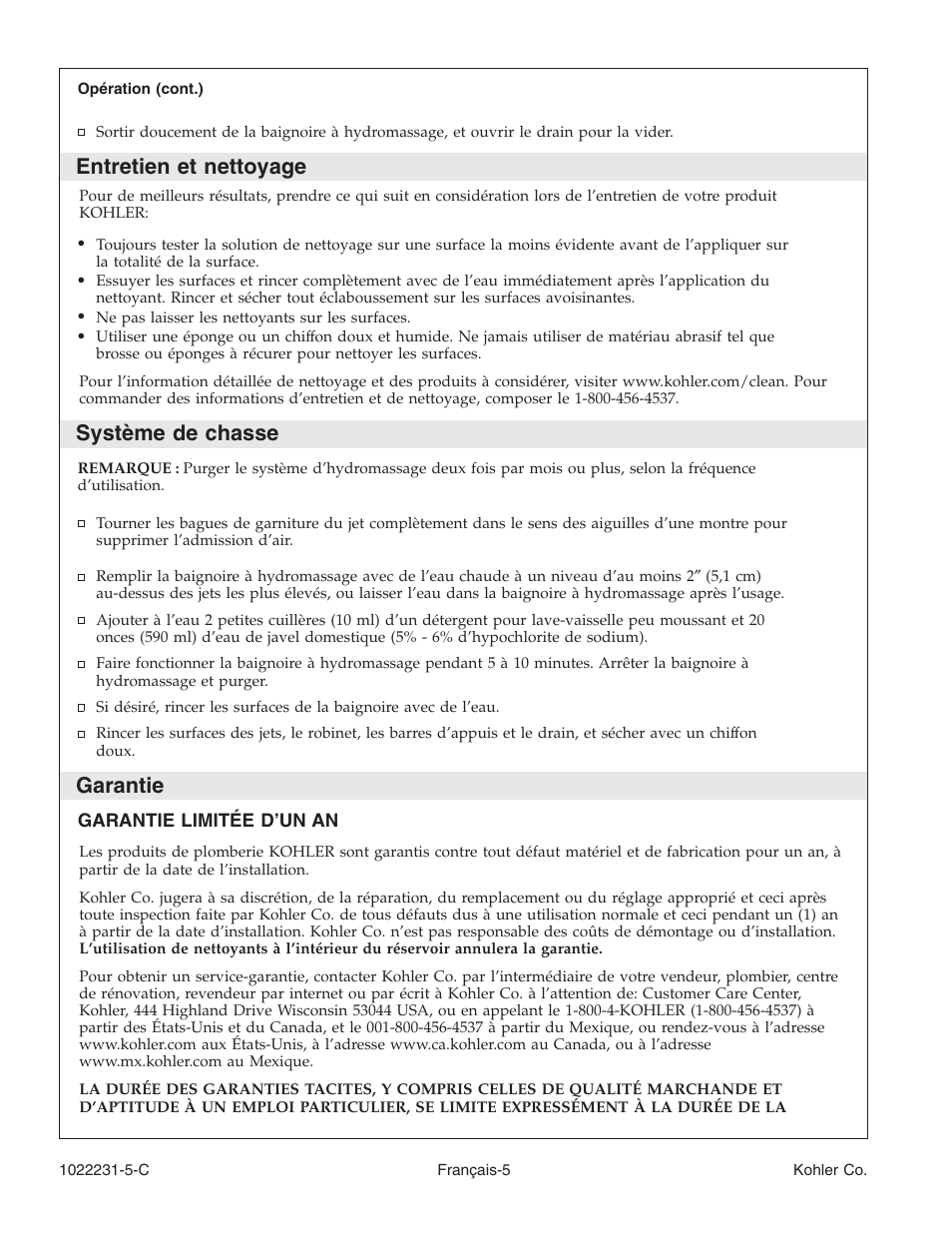 Entretien et nettoyage, Système de chasse, Garantie | Kohler K-1461 User Manual | Page 18 / 40