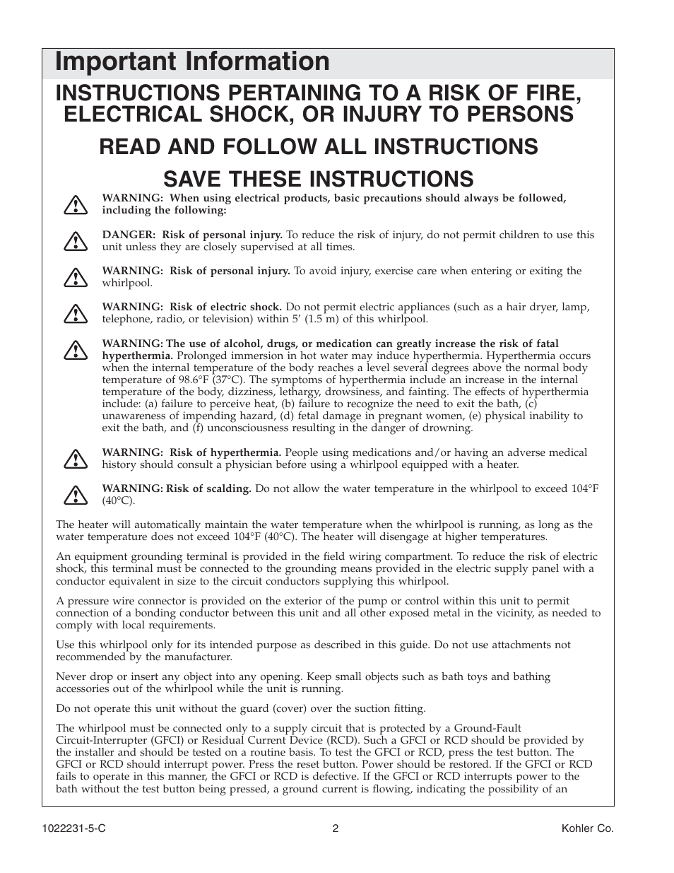 Important information | Kohler K-1461 User Manual | Page 2 / 40