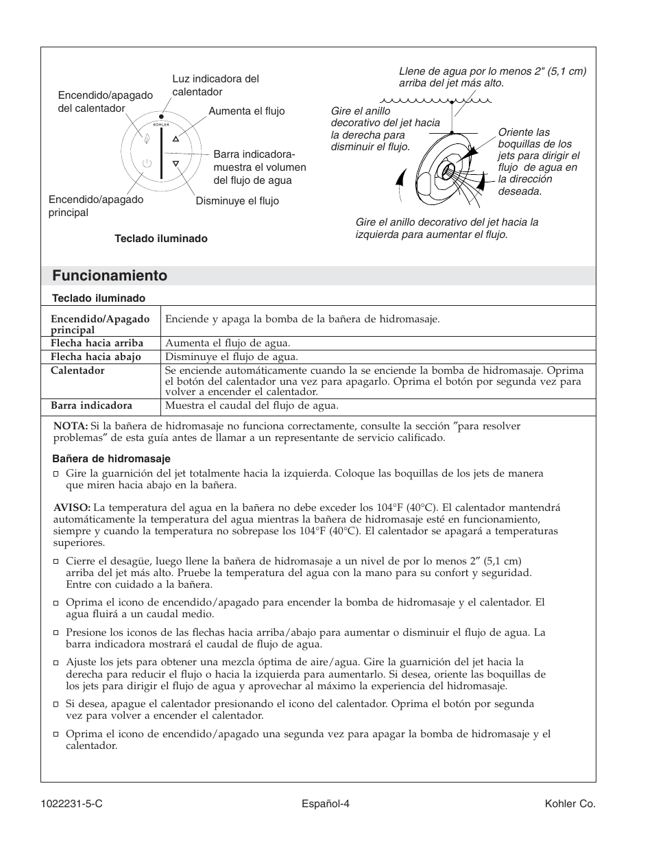 Funcionamiento | Kohler K-1461 User Manual | Page 30 / 40