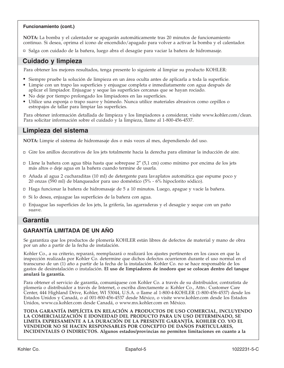 Cuidado y limpieza, Limpieza del sistema, Garantía | Kohler K-1461 User Manual | Page 31 / 40