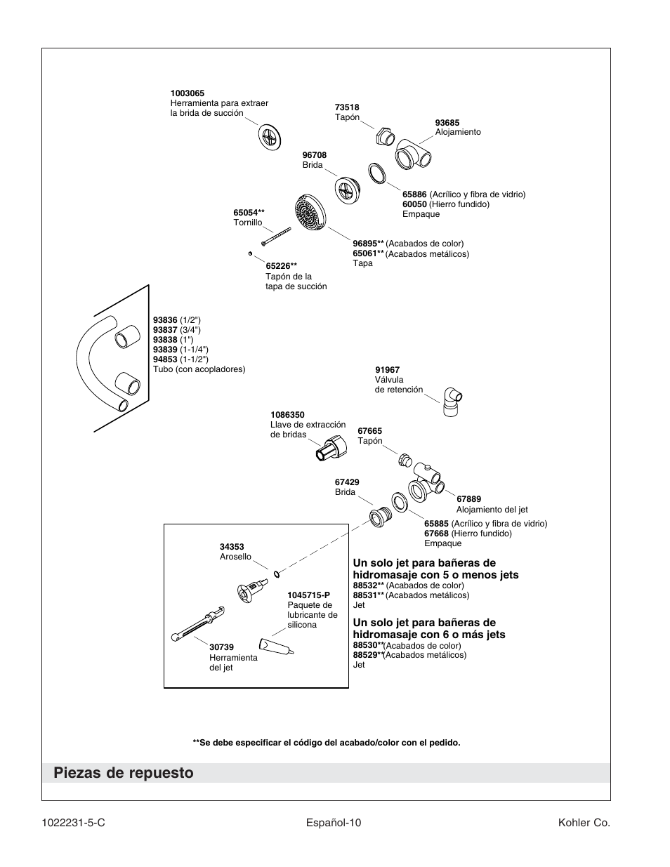 Piezas de repuesto | Kohler K-1461 User Manual | Page 36 / 40