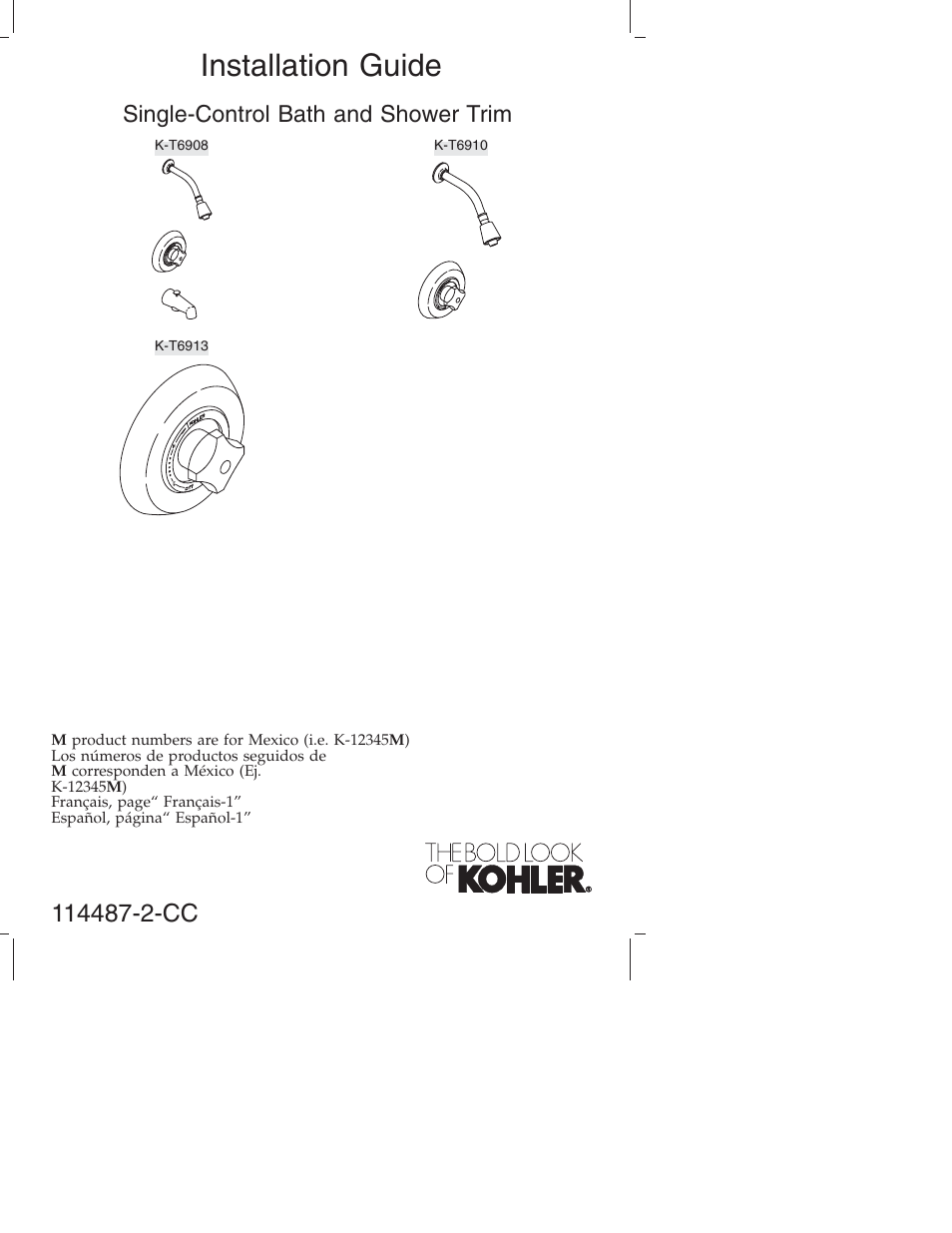 Kohler Single-Control Bath and Shower Trim KT6908 User Manual | 20 pages