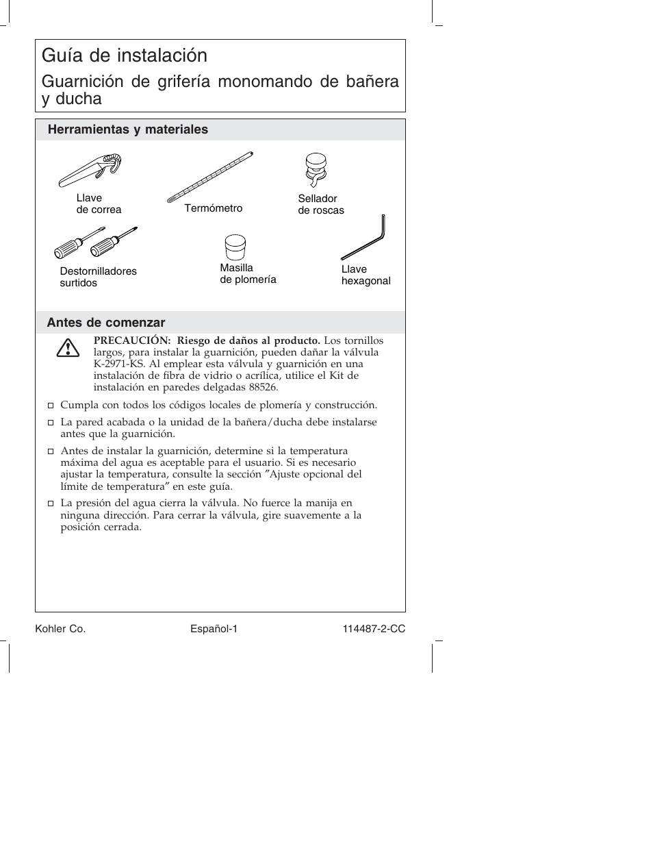 Guía de instalación, Guarnición de grifería monomando de bañera y ducha | Kohler Single-Control Bath and Shower Trim KT6908 User Manual | Page 12 / 20