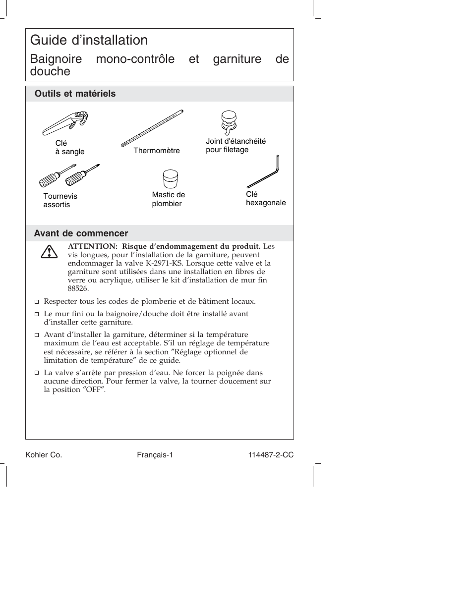 Guide d’installation, Baignoire mono-contrôle et garniture de douche | Kohler Single-Control Bath and Shower Trim KT6908 User Manual | Page 7 / 20