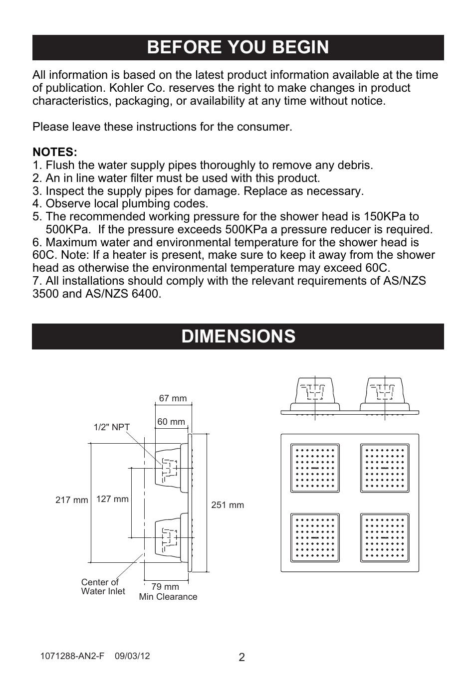 Dimensions, Before you begin | Kohler 8030A User Manual | Page 2 / 10