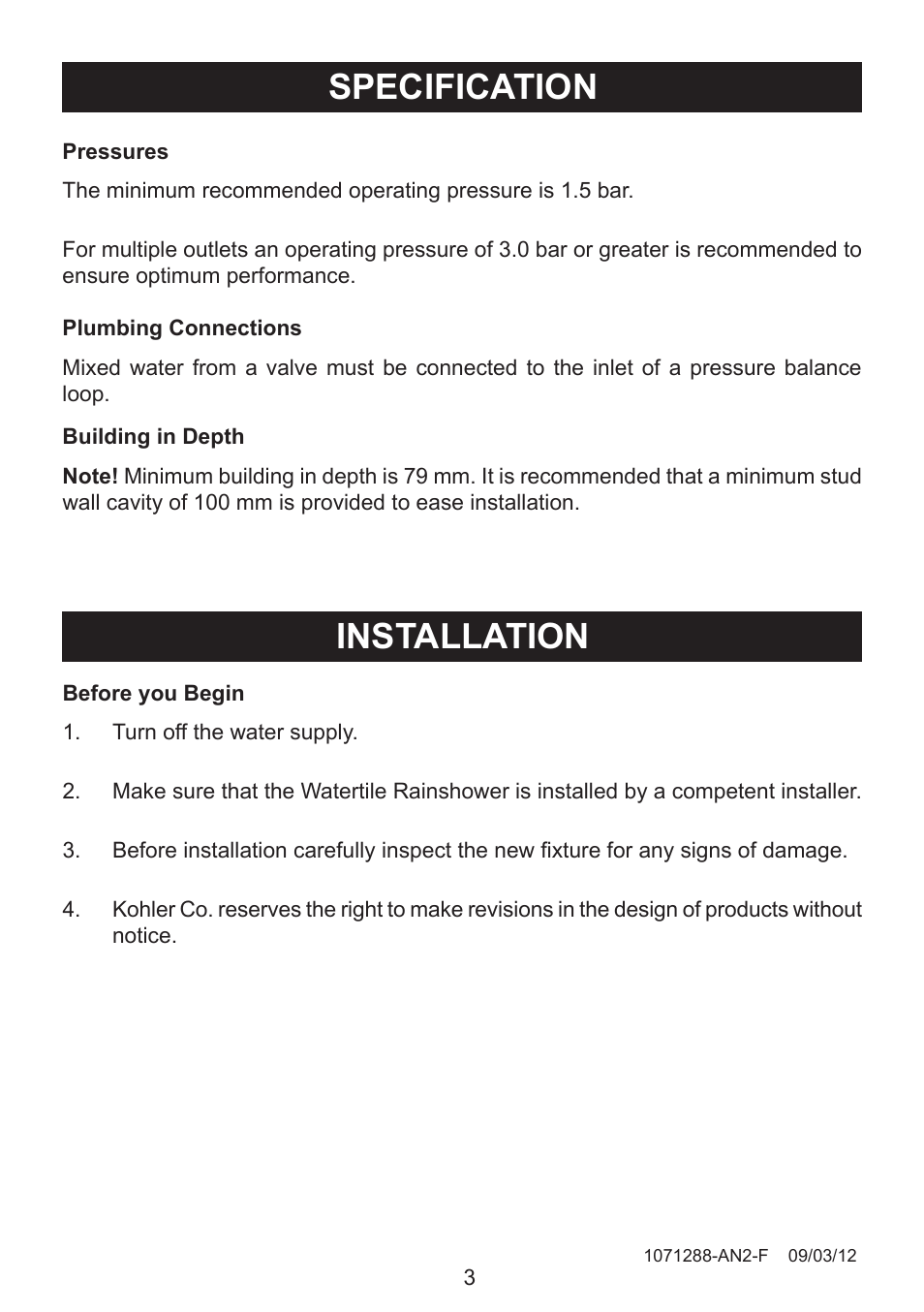 Installation specification | Kohler 8030A User Manual | Page 3 / 10