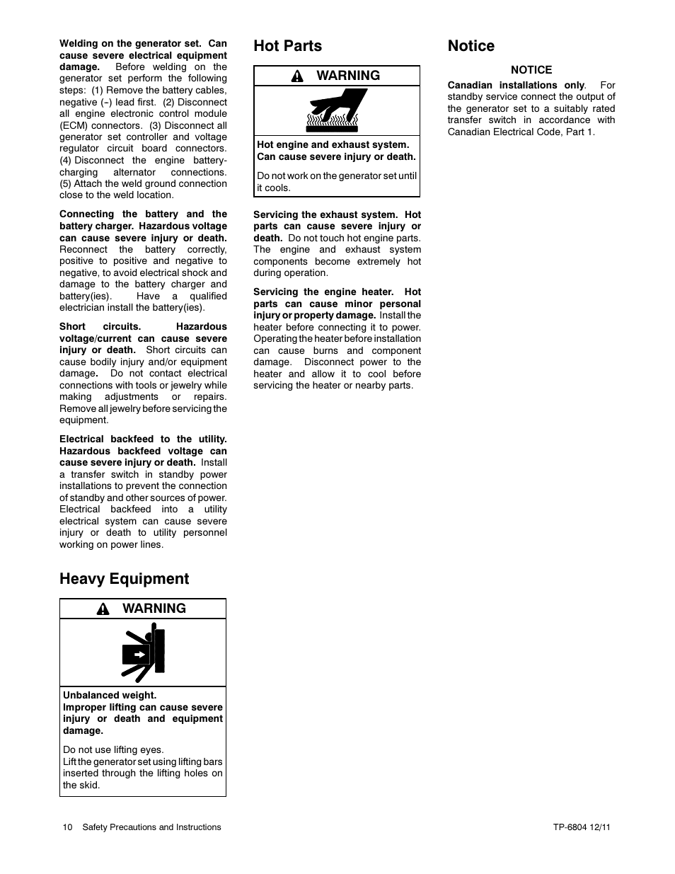 Heavy equipment, Hot parts, Notice | Warning | Kohler Power Systems 14/20RESA User Manual | Page 10 / 72