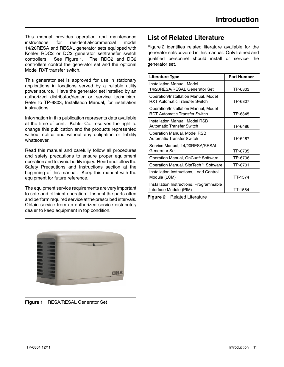 Introduction, List of related literature | Kohler Power Systems 14/20RESA User Manual | Page 11 / 72