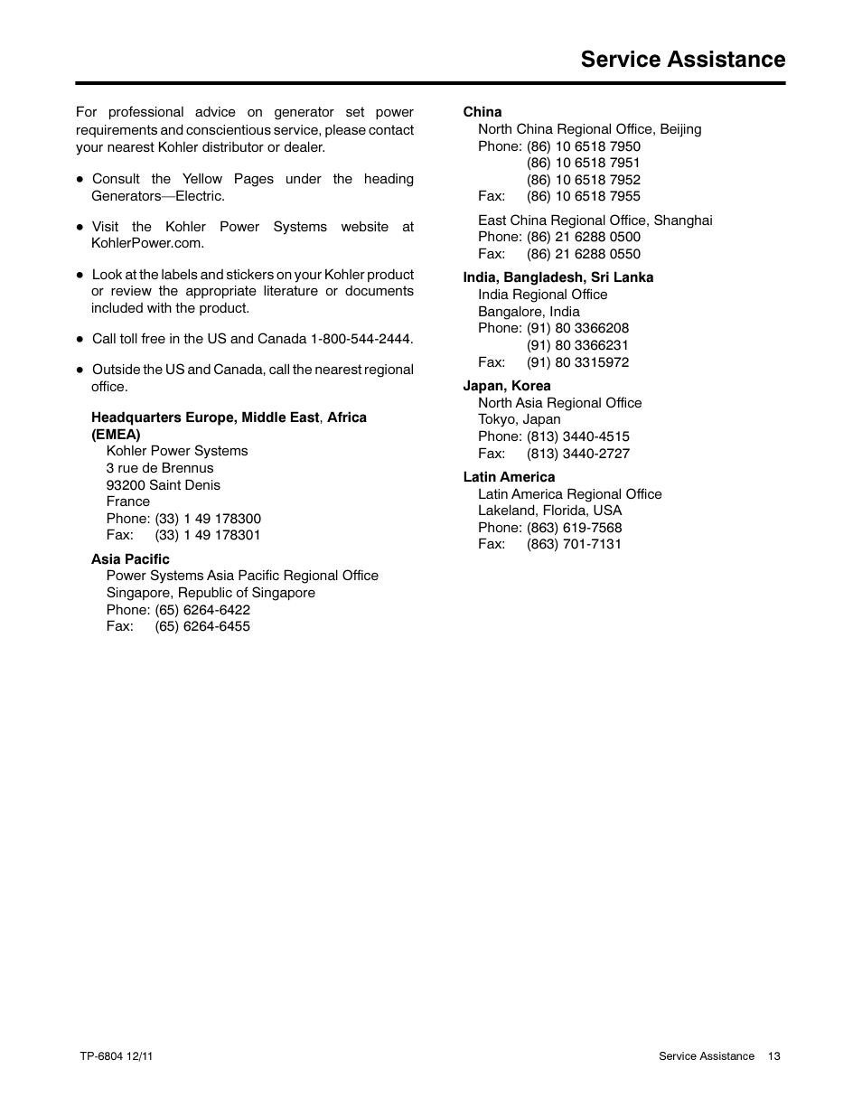 Service assistance | Kohler Power Systems 14/20RESA User Manual | Page 13 / 72