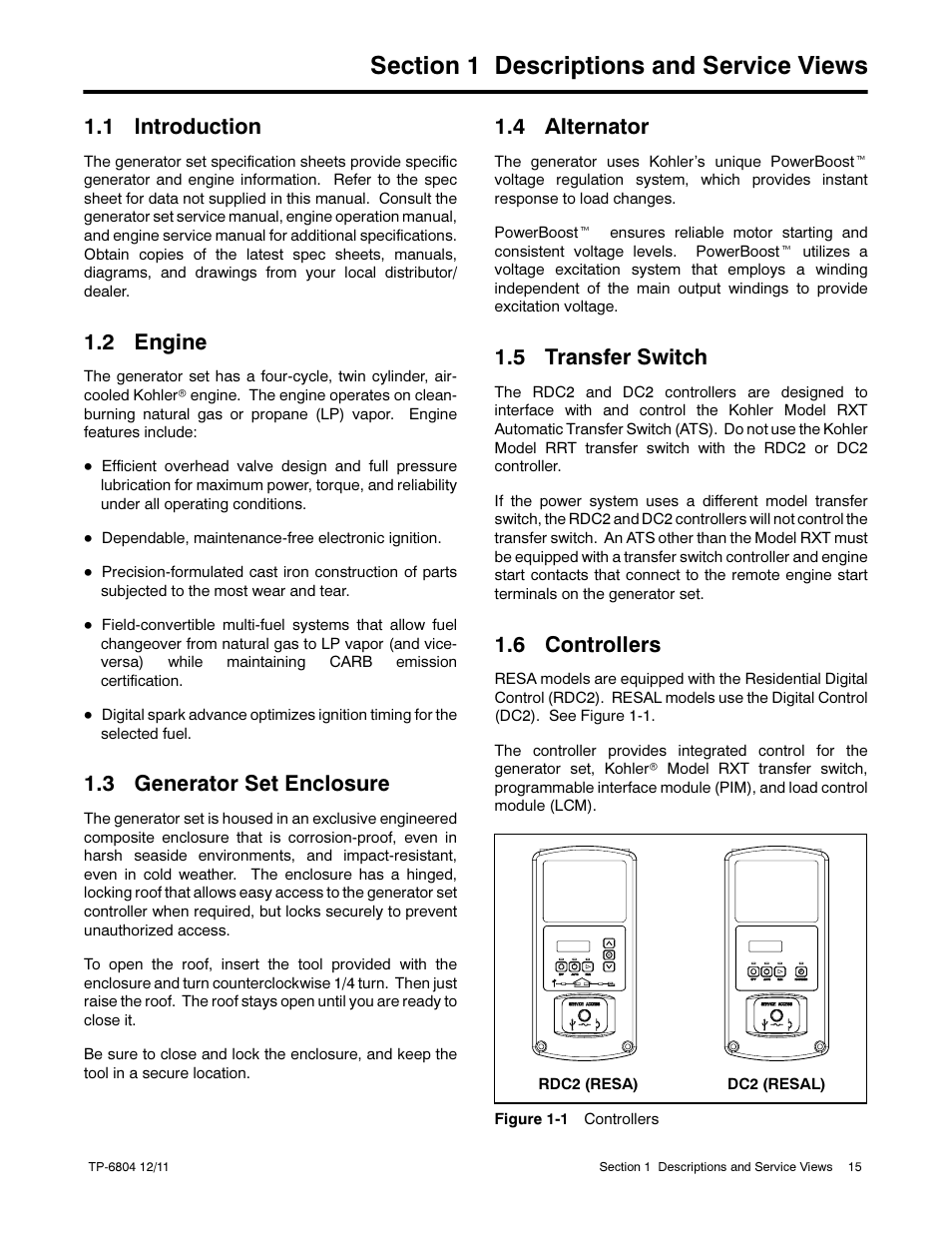 1 introduction, 2 engine, 3 generator set enclosure | 4 alternator, 5 transfer switch, 6 controllers | Kohler Power Systems 14/20RESA User Manual | Page 15 / 72