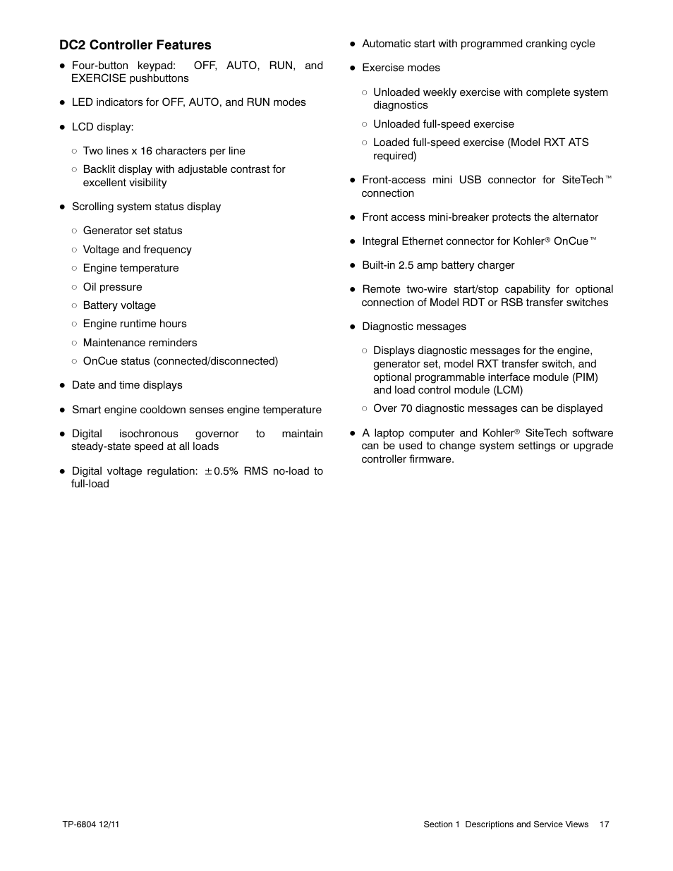 Dc2 controller features | Kohler Power Systems 14/20RESA User Manual | Page 17 / 72