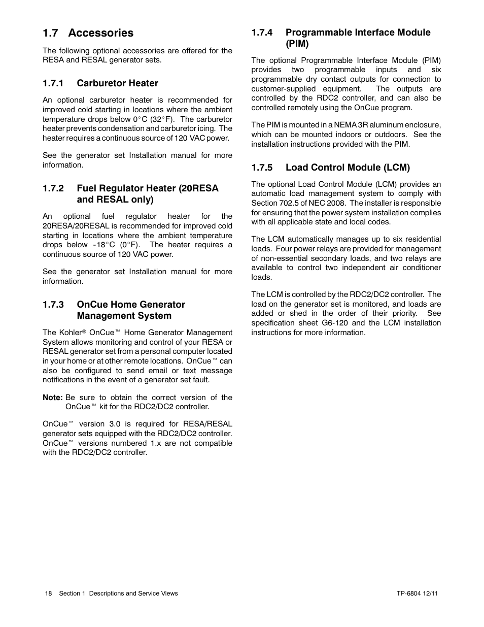 7 accessories | Kohler Power Systems 14/20RESA User Manual | Page 18 / 72
