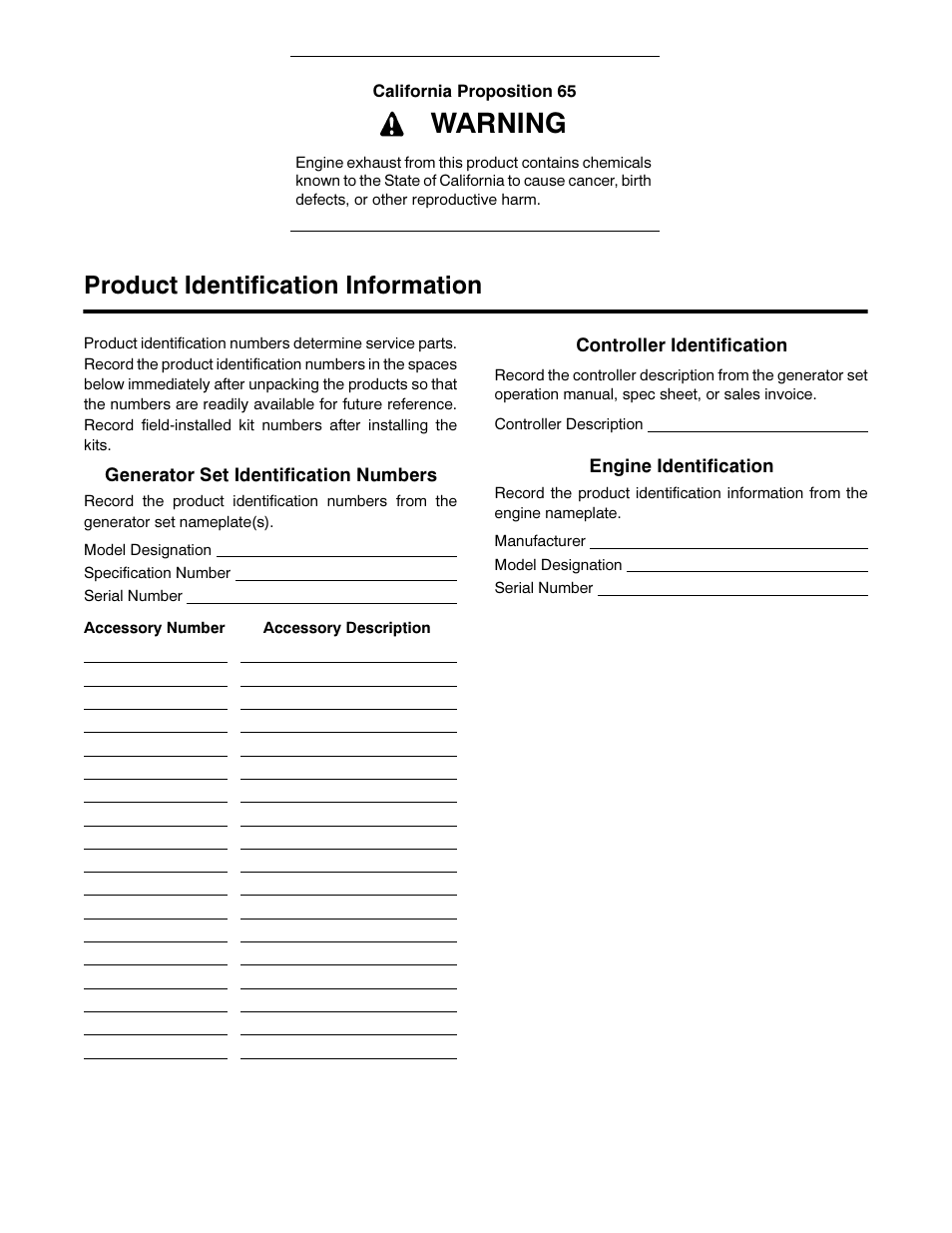 Warning, Product identification information | Kohler Power Systems 14/20RESA User Manual | Page 2 / 72