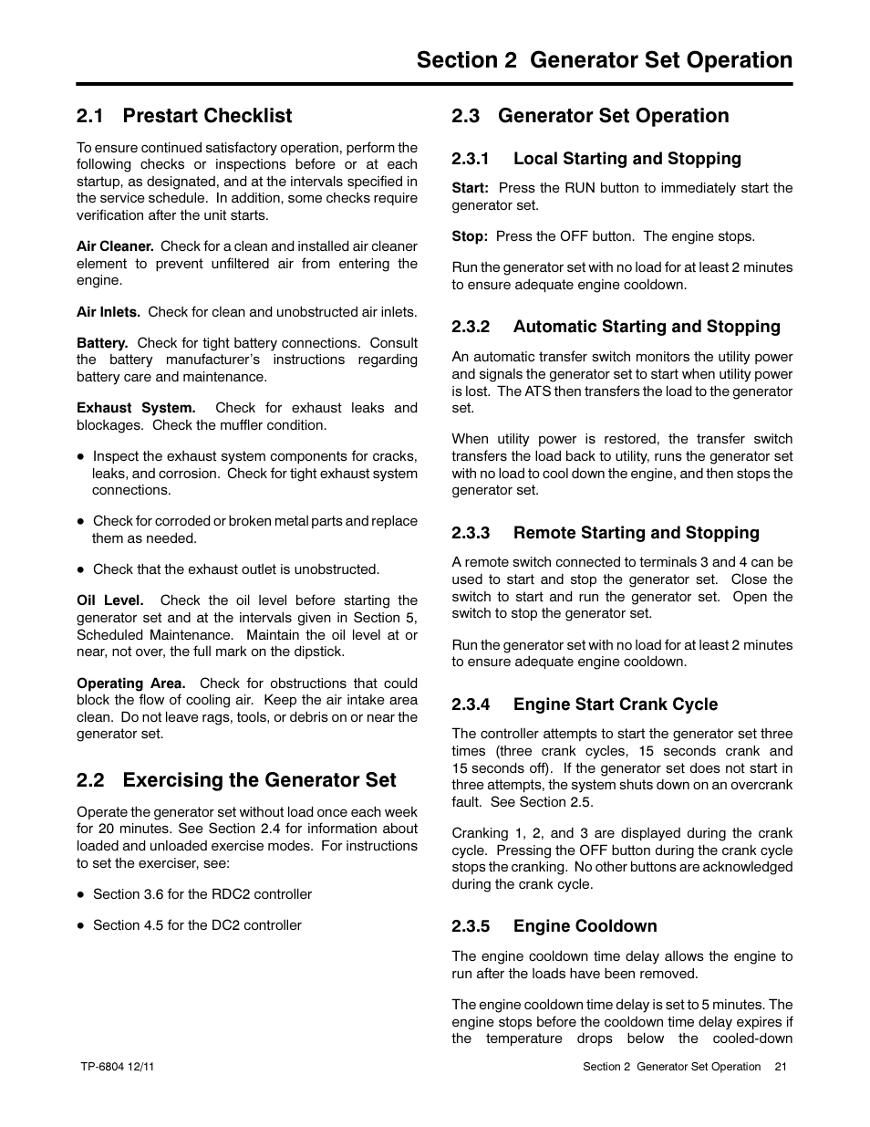 1 prestart checklist, 2 exercising the generator set, 3 generator set operation | Kohler Power Systems 14/20RESA User Manual | Page 21 / 72