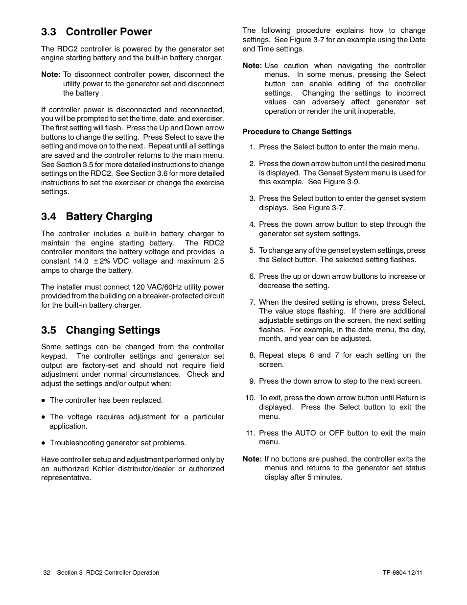 3 controller power, 4 battery charging, 5 changing settings | Kohler Power Systems 14/20RESA User Manual | Page 32 / 72