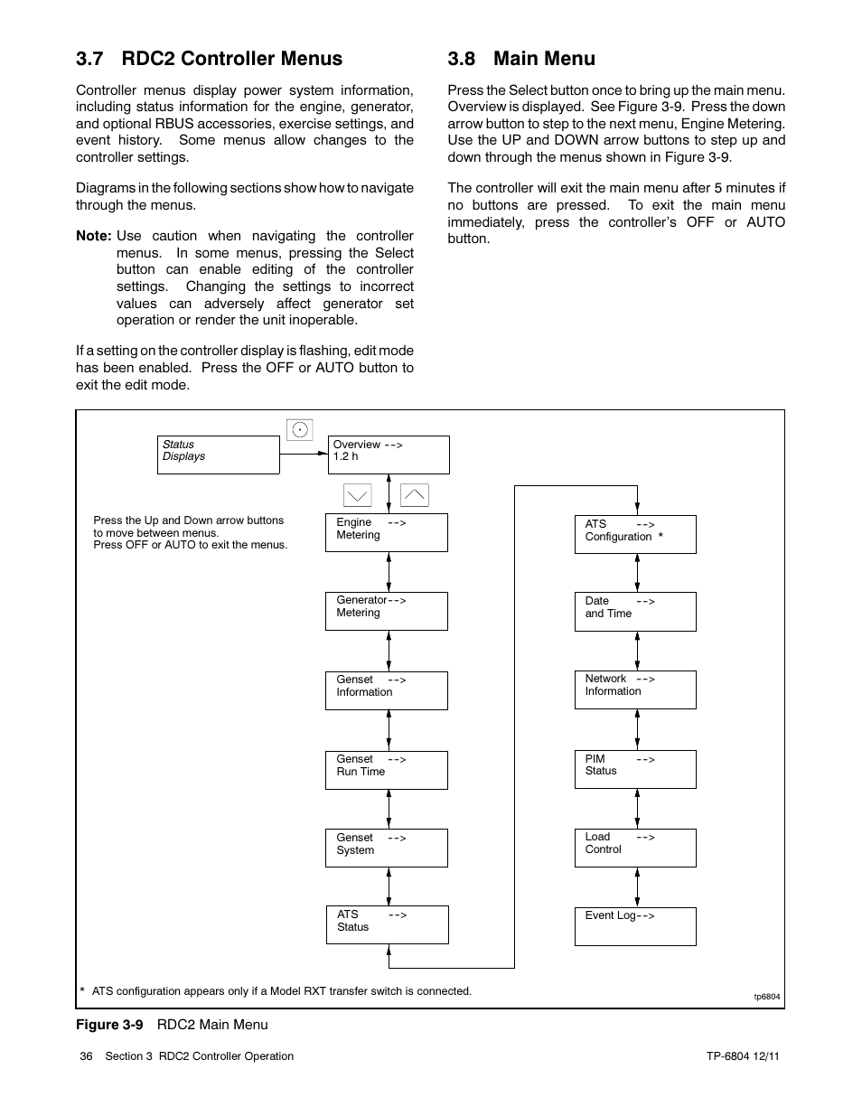 7 rdc2 controller menus, 8 main menu | Kohler Power Systems 14/20RESA User Manual | Page 36 / 72
