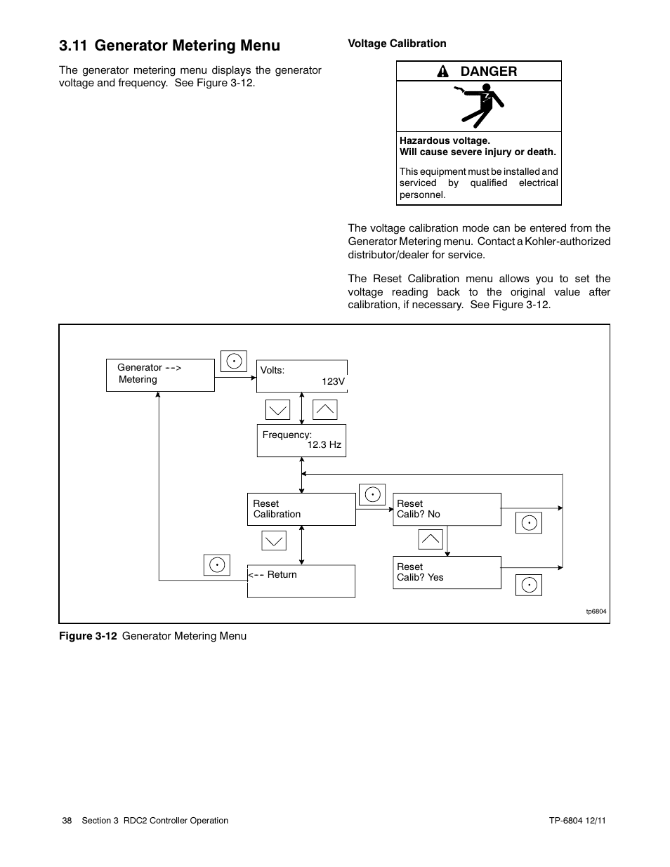 11 generator metering menu, Danger | Kohler Power Systems 14/20RESA User Manual | Page 38 / 72