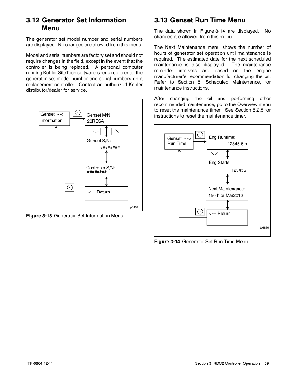 12 generator set information menu, 13 genset run time menu | Kohler Power Systems 14/20RESA User Manual | Page 39 / 72
