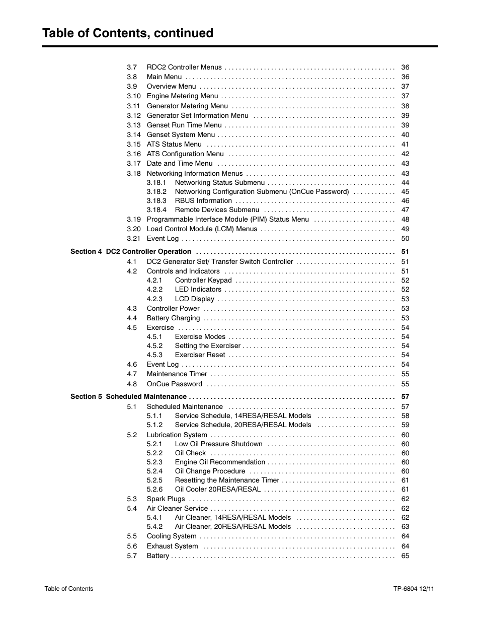 Table of contents, continued | Kohler Power Systems 14/20RESA User Manual | Page 4 / 72