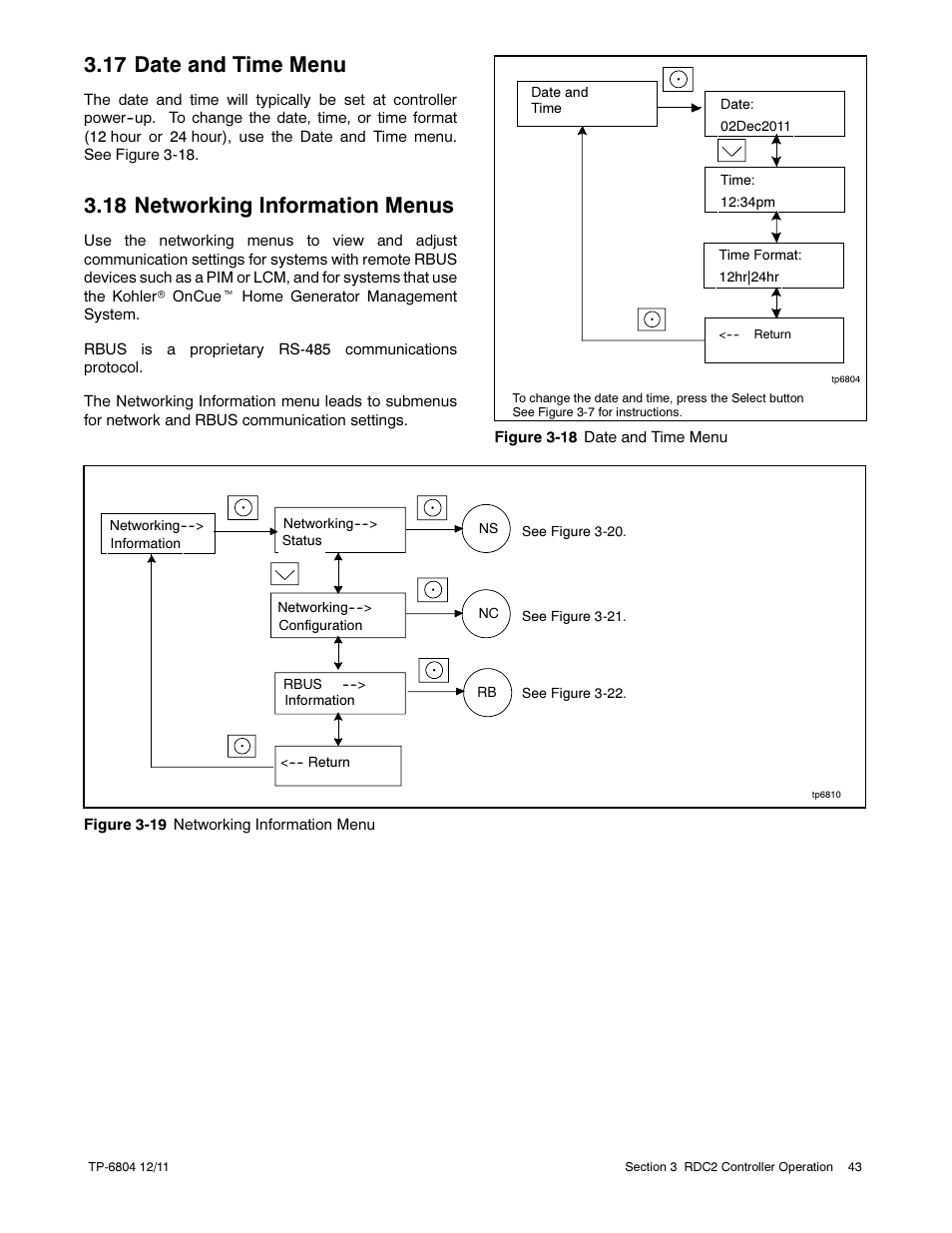 17 date and time menu, 18 networking information menus | Kohler Power Systems 14/20RESA User Manual | Page 43 / 72