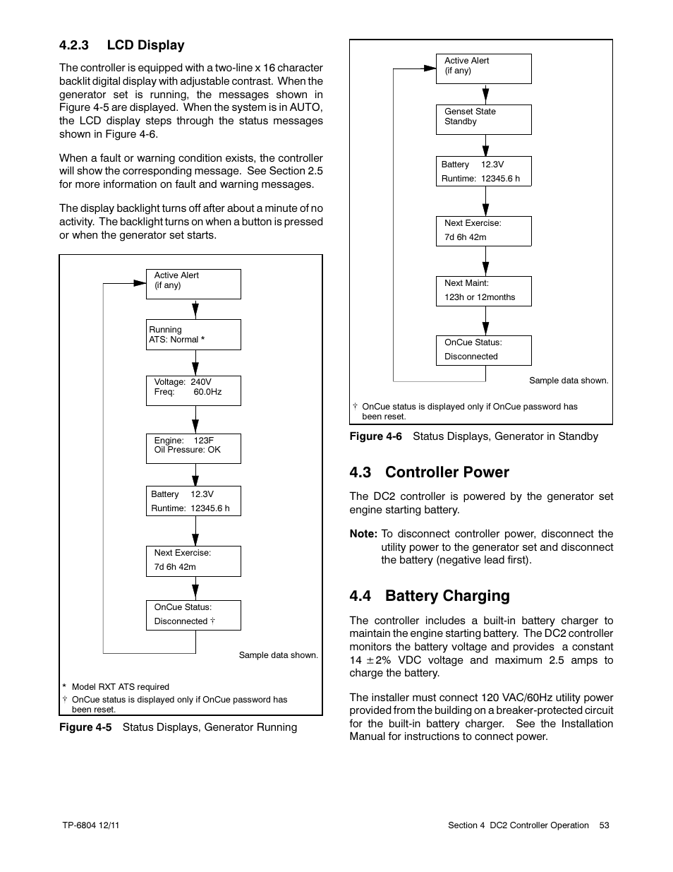 3 controller power, 4 battery charging, 3 lcd display | Kohler Power Systems 14/20RESA User Manual | Page 53 / 72