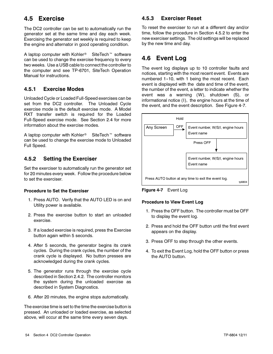 5 exercise, 6 event log | Kohler Power Systems 14/20RESA User Manual | Page 54 / 72