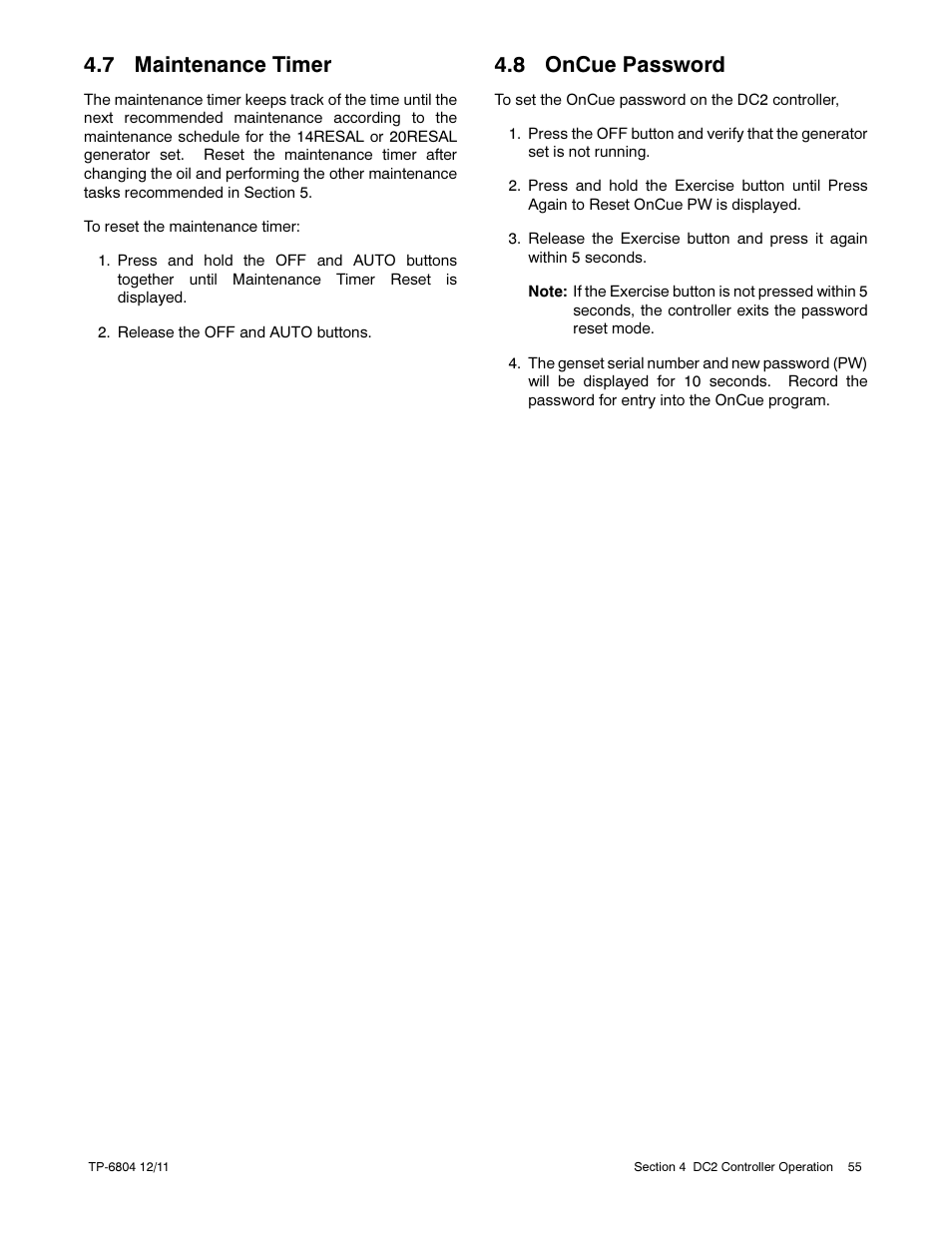7 maintenance timer, 8 oncue password | Kohler Power Systems 14/20RESA User Manual | Page 55 / 72